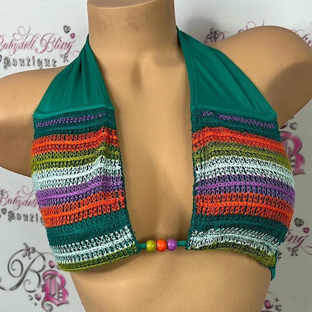 Wild Fable bikini top knit beaded boho knitted Teal Crochet Top